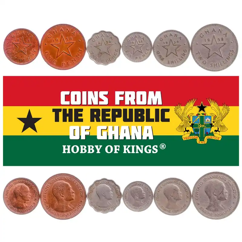 Outlet | Ghanansk 6 myntset ½ 1 Penny 3 6 Pence 1 2 Shilling Kwarme Nkrumah Femuddig stjärna 1958